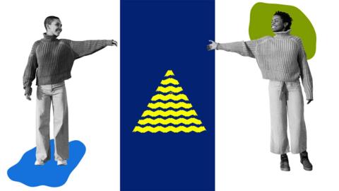 Two people reaching out towards the centre of the image broken in two by a strip of blue featuring a yellow triangle