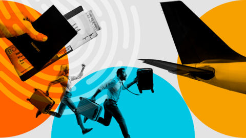 A colourful graphic showing a plane, passport and fingerprint and a man and woman carrying suitcases and running