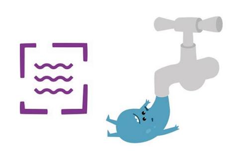 A cartoon image showing a water droplet with a face, arms and legs. It is exiting a grey tap.