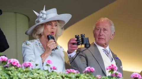 King Charles III and Queen Camilla watching the Ascot Stakes during day one of Royal Ascot.