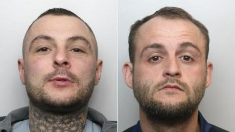 Two mugshots side by side. Scott on the left looks like he is smiling slightly. He has a short brown beard and a buzzcut. A pattern is tattooed across his whole neck. He is wearing a light blue t-shirt. Jason on the right looks slightly sad. He has slightly longer hair, a slightly longer beard, and wears a dark blue top.