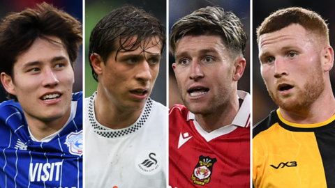 Rubin Colwill of Cardiff, Swansea's Goncalo Franco, Wrexham's Josh Windass and Newport's Lee Jenkins 