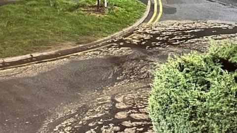 A road, viewed from above, with sewage spreading across it. There are double yellow lines at the road's junction and a bush in the foreground.