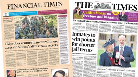 The front pages of the Financial Times and the Times newspapers