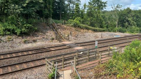 A rail track with fences on either side and steps on both sides leading to a pedestrian crossing. There are trees and bushes on either side of the track.