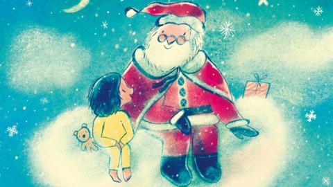 Children's author Jarvis's drawing of Mr Santa, a cartoon sketch of Father Christmas with a red hat and costume, fringed with white fur and black buttons, sitting on a cloud next to a small child in yellow pyjamas, who has a brown teddy bear, and near a pink and white striped present. The background is a turquoise sky with white snowflakes falling