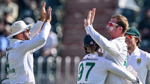 South Africa spinner Simon Harmer celebrates a wicket