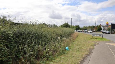 An overgrown bit of land on the side of the road. A sign for Rotaty Way can be seen in the middle, with a large McDonald's sign on the other side of the road.