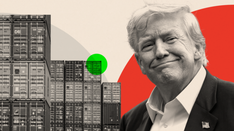 A treated image of Donald Trump edited in front of shipping containers
