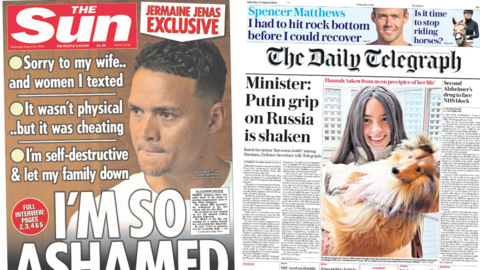 The Sun and the Daily Telegraph newspapers for Saturday 24 August