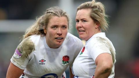 Zoe Aldcroft and Marlie Packer in discussions during England's Women's Six Nations win over Italy in March 2025
