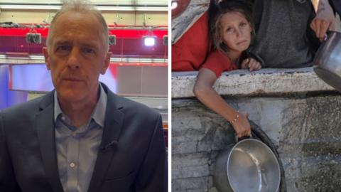 A composite image of Paul Adams and a hungry child with a bowl