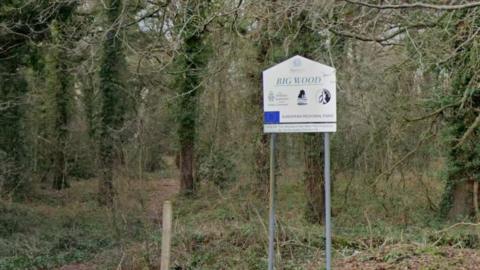 A white sign saying Big Wood, in Wythenshawe where the body was found. Green trees and a rugged pathway lead through trees. 