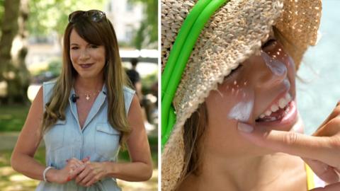 Composite image - Elizabeth Rizzini standing in a park (l) - A smiling child wearing a hat has sunscreen applied (r)