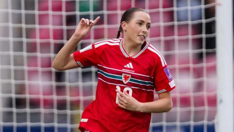 Mared Griffiths celebrates