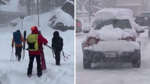 plitscreen. Left, rescuers begin their hike. Right, a car covered in snow.