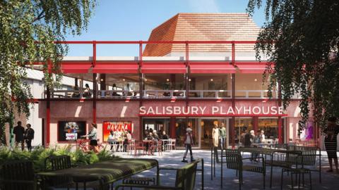 A computer-generated image of the Salisbury Playhouse as it is expected to look following a £22 million transformation. Metal chairs and foliage can be seen in the foreground of the main building with a prominent "Salisbury Playhouse" sign.