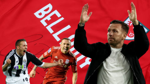 Craig Bellamy playing for Newcastle & Liverpool and coaching Wales with a backdrop of a signed Wales jersey