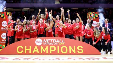 England celebrate winning the Netball Nations Cup 