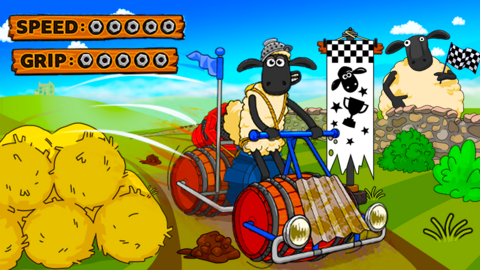 An image of Shaun the Sheep in a race car with stats showing off the cars speed and grip. 