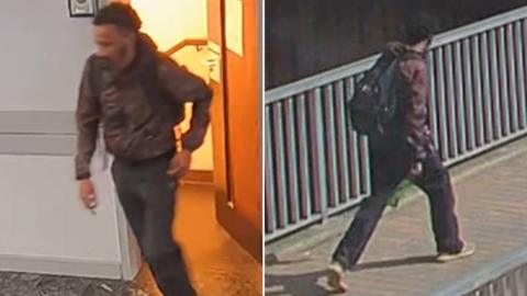 Two images of a man in black jeans and a brown jacket.  He is carrying a black rucksack and has dark hair and a beard.