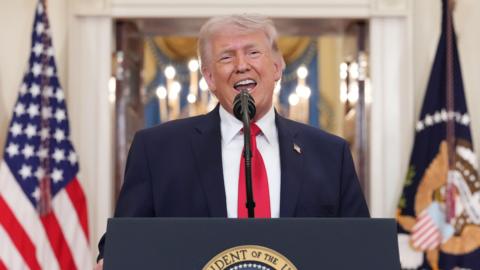 President Donald Trump speaks from the Cross Hall of the White House on April 1, 2026 in Washington, DC. Trump used the prime-time address to update the nation on the war in Iran.