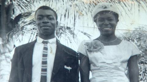 A black and white photo of George and Mervis Stanley taken in Jamaica in the 1950s