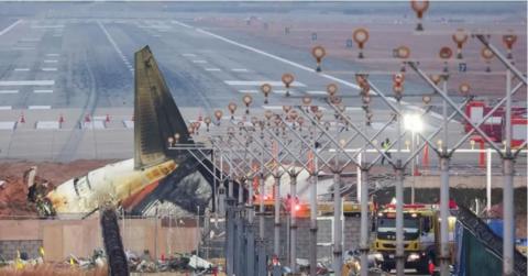 The wreckage of the Jeju Air plane at Muan International Airport