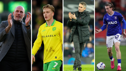 Side-by-side images of Norwich boss Philippe Clement, midfielder Pelle Mattsson, Ipswich boss Kieran McKenna and top-scorer Jack Clarke