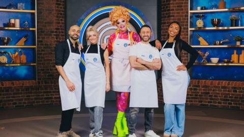Gaz Choudhry, Katie McGlynn, Ginger Johnson, Antony Costa and Uma Jammeh in the Celebrity Masterchef kitchen.