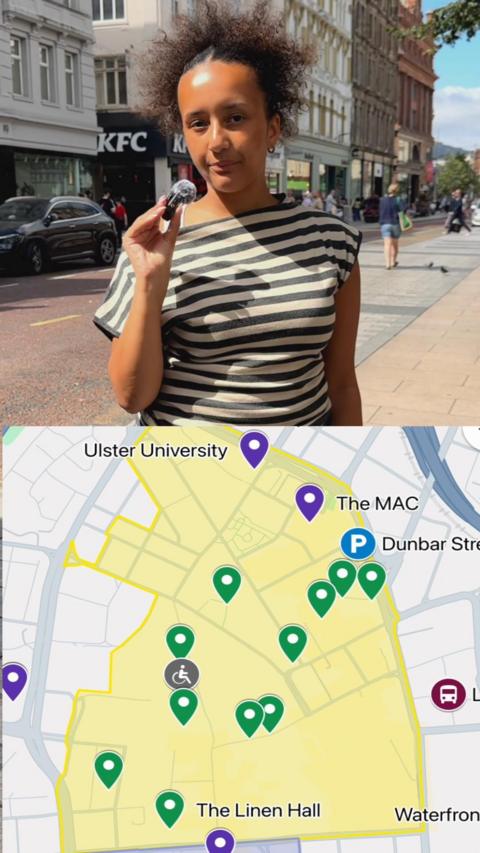 Eve Hughes is at Royal Avenue, and below her is the map of pedestrianised zones for the fleadh.
