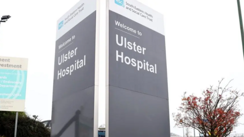 A large grey sign with 'Ulster Hospital' written on it in grey writing. At the top there is a white band with 'South Eastern Health and Social Care Trust' written on it. Next to it is tree with red leaves and another sign post.