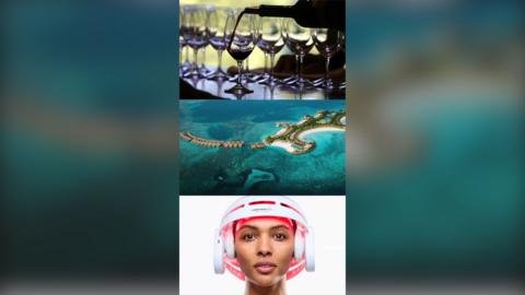 A splitscreen image featuring wine being poured, a tropical island and a person wearing an LED helmet