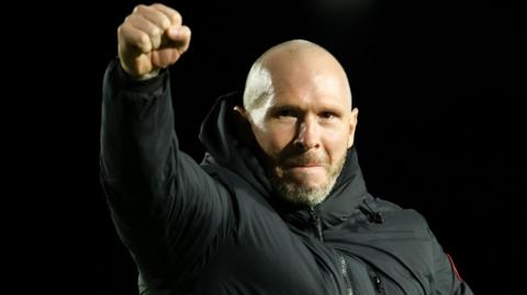 Michael Appleton manager of Shrewsbury Town reacts to his side's 1-0 win over Newport County