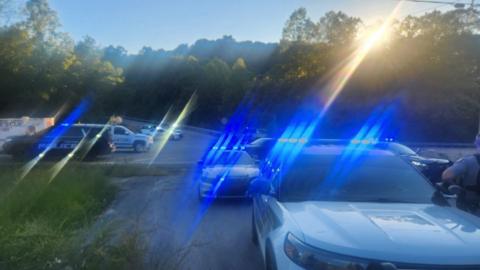 A number of police cars visible near to where the shooting happened. They have blue lights, which are slightly blurred in the image. 