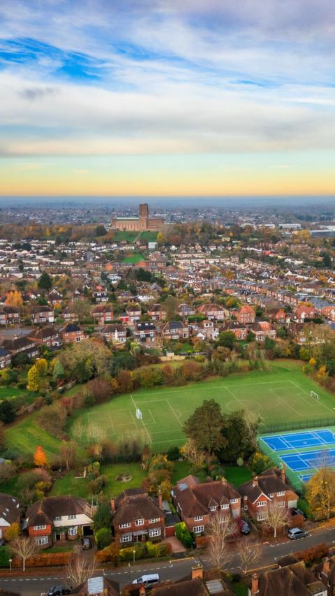 An aerial view of a town.