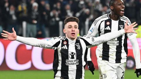 Francisco Conceicao of Juventus celebrates his goal