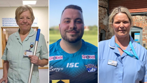 Three composite images side by side; on the left, an older woman in light green hospital scrubs holding a mop. In the middle, a rugby player with closely cropped beard and moustache, and a nose stud. On the right, a blonde haired woman with a blue nurse's uniform stands in front of a red-brick building.