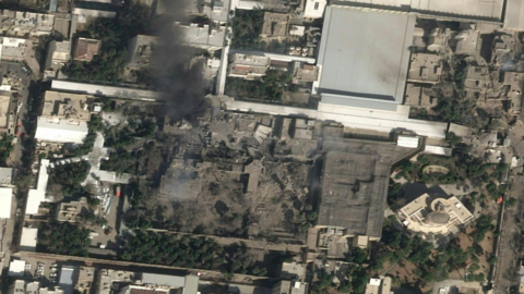 Satellite image showing smoke over the compound of Iranian Supreme Leader Ali Khamenei