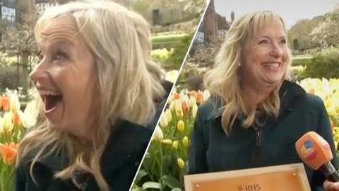 Split image of Carol Kirkwood reacting to her namesake weather station.
