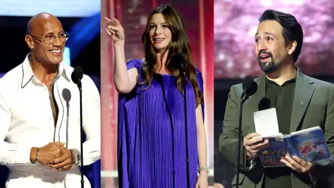 Dwayne Johnson Anne Hathaway Lin Manuel Miranda.