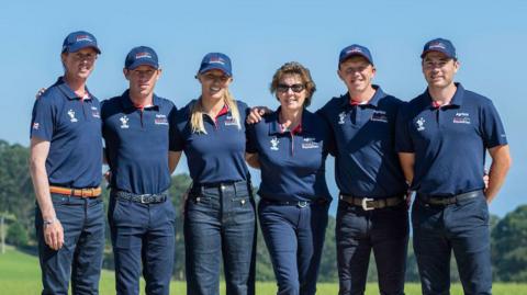 The British Equestrian Jumping team: Ben Maher, Scott Brash, Jessica Mendoza, Di Lampard, Matt Sampson, and Donald Whitaker