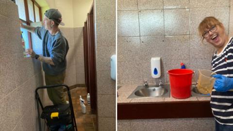 Composite image of cleaning work inside a toilet block. One image shows a man wearing a baseball cap up a ladder cleaning windows, while the second image shows a woman wearing a striped top laughing while holding a jug. There is a red bucket and a bottle of bleach in the background.