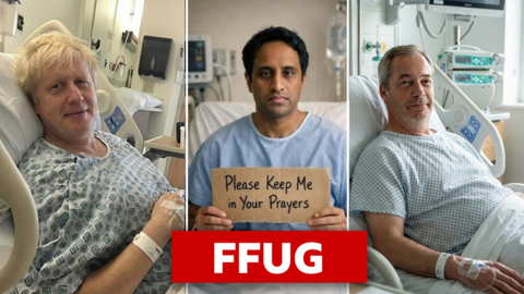 Lluniau ffug o Boris Johnson, Zia Yusuf a Nigel Farage