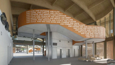 Illustrative image of the proposed public artwork at Cambridge South Station. It is list of words in white writing which follow the slope of some railings on a staircase. Some of the words include 'Connect, mix, bond, attach, link, embrace and hold'. 