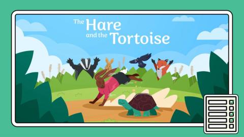 Cartoon hare and tortoise on a hill depicting a scene from The hare and the tortoise story.
