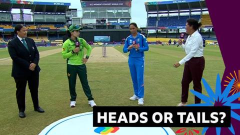 Pakistan captain Fatima Sana and India captain Harmanpreet Kaur take part in the coin toss