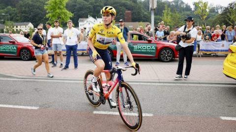 Dutch rider Demi Vollering of SD Worx-Protime before the start of the fourth stage of the Tour de France Femmes, the Tour de France for women, from Valkenburg to Liege, in Valkenburg, the Netherlands, 14 August 2024.