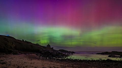 Green and pink lights covering the night sky above a beach. The pink looks like it is lying on top of the green in the sky. Stars can be seen underneath the lights. A house can be seen in the distance. The sea is calm with a low tide and stones covering the shoreline.
