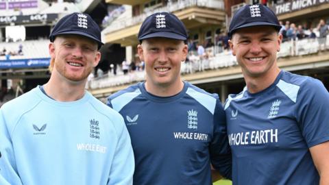 Jamie Cox, James Rew and  Sonny Baker with their first Test caps
